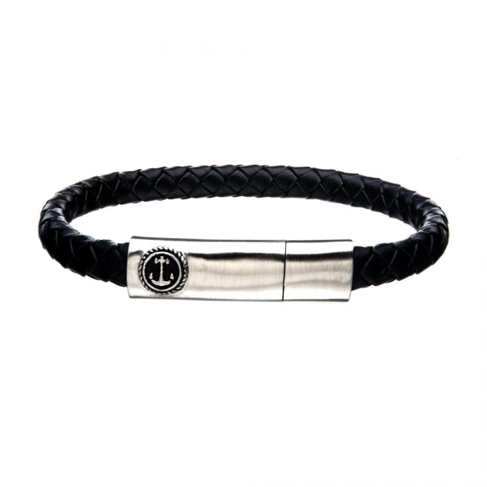 Stainless Steel Black Leather Bracelet with Anchor