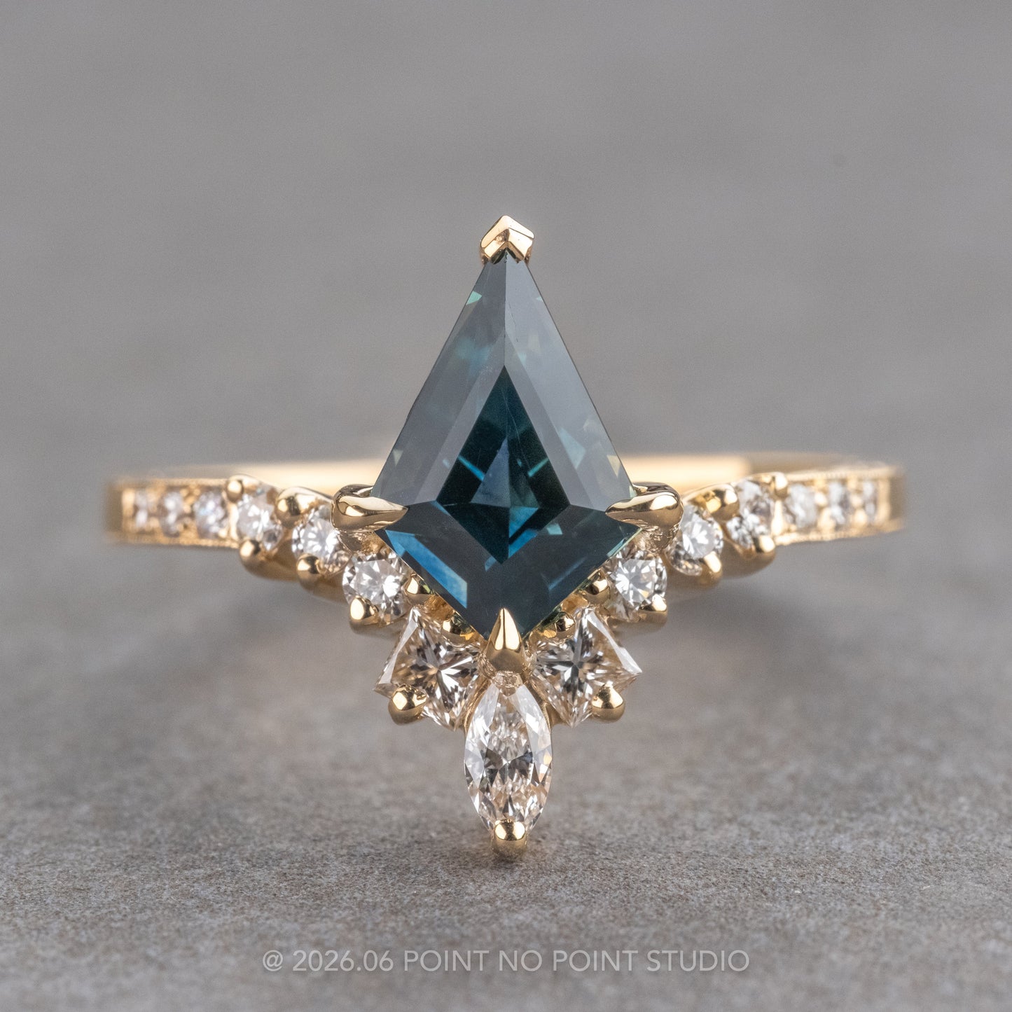 1.58 Carat Blue Kite Sapphire and Diamond Engagement Ring, Engraved Willa Setting