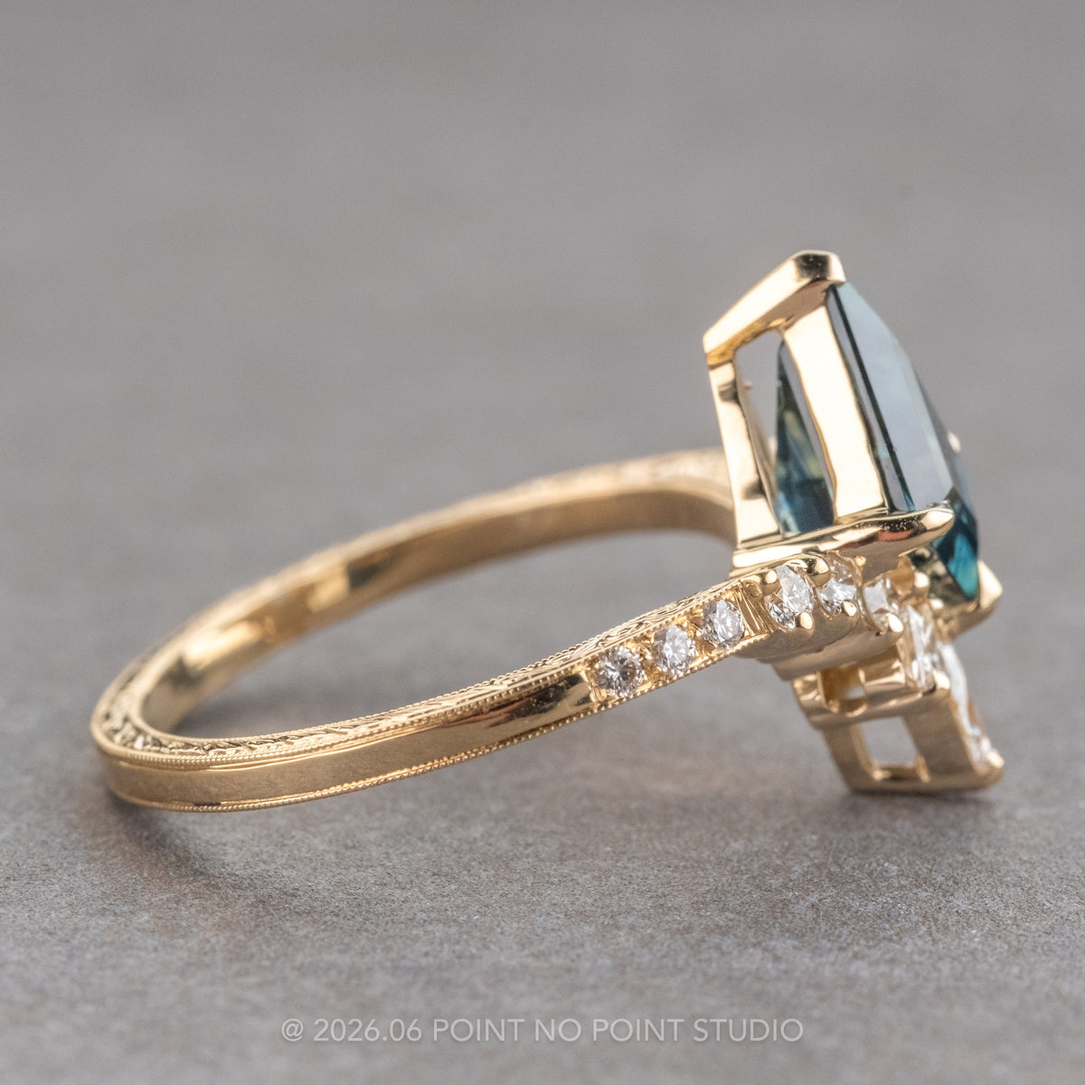 1.58 Carat Blue Kite Sapphire and Diamond Engagement Ring, Engraved Willa Setting