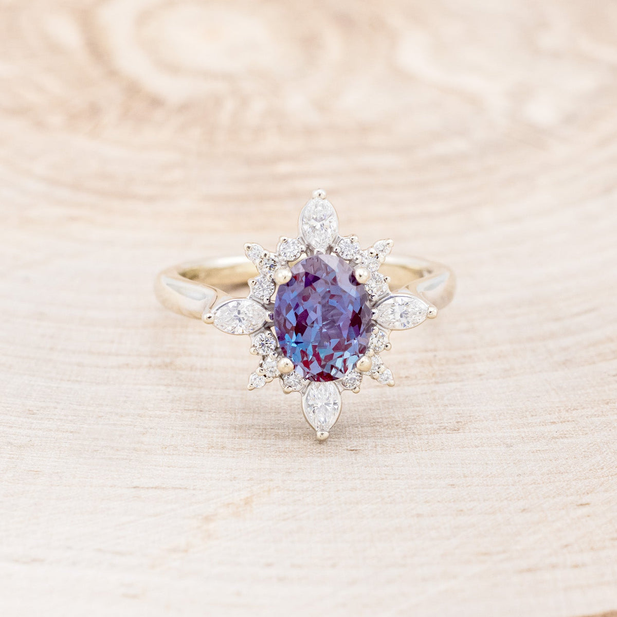 "Azalea" - Oval Cut Lab-Grown Alexandrite Engagement Ring With Diamond Halo