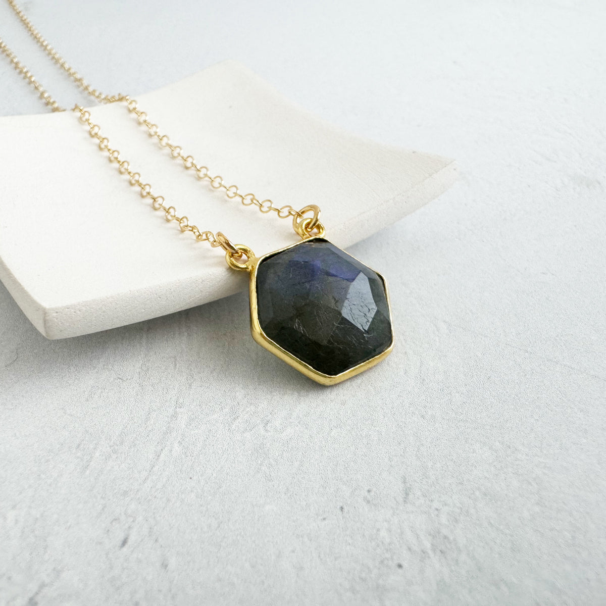 Dainty Hexagon Bezel Necklace - Labradorite