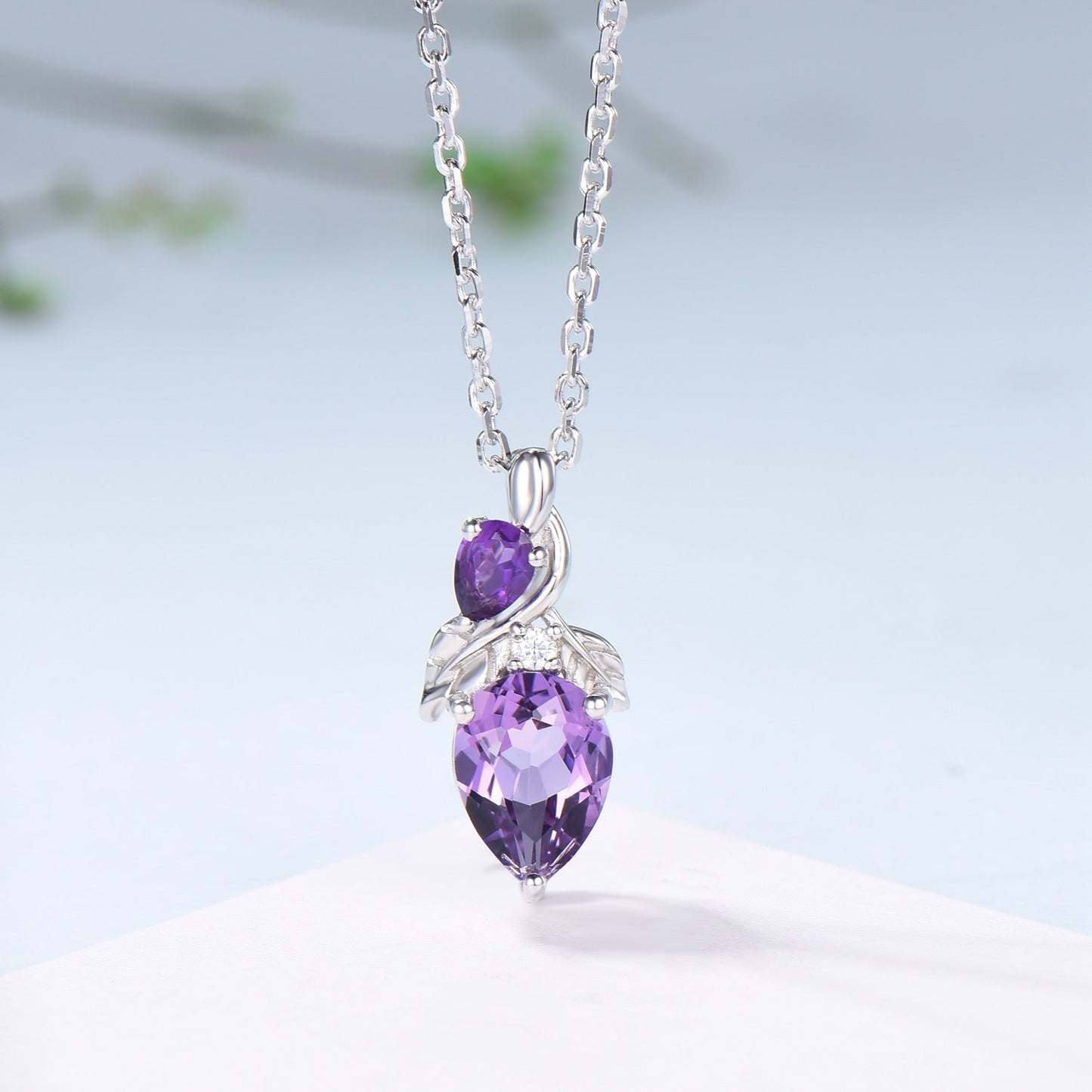 Unique Pear Shaped Purple Sapphire Pendant Necklace Nature Inspired Leaves Necklace Branch Leaf Vine Necklace Anniversary gift for Daughter