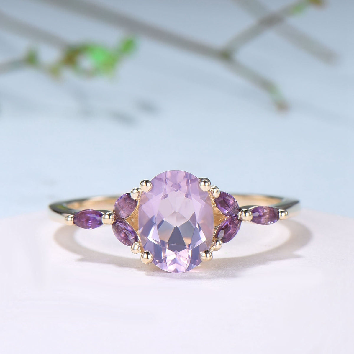 Vintage Lavender Amethyst Engagement Ring Unique Seven Stone Marquise Amethyst Ring Purple Crystal Wedding Ring Women February Birthstone