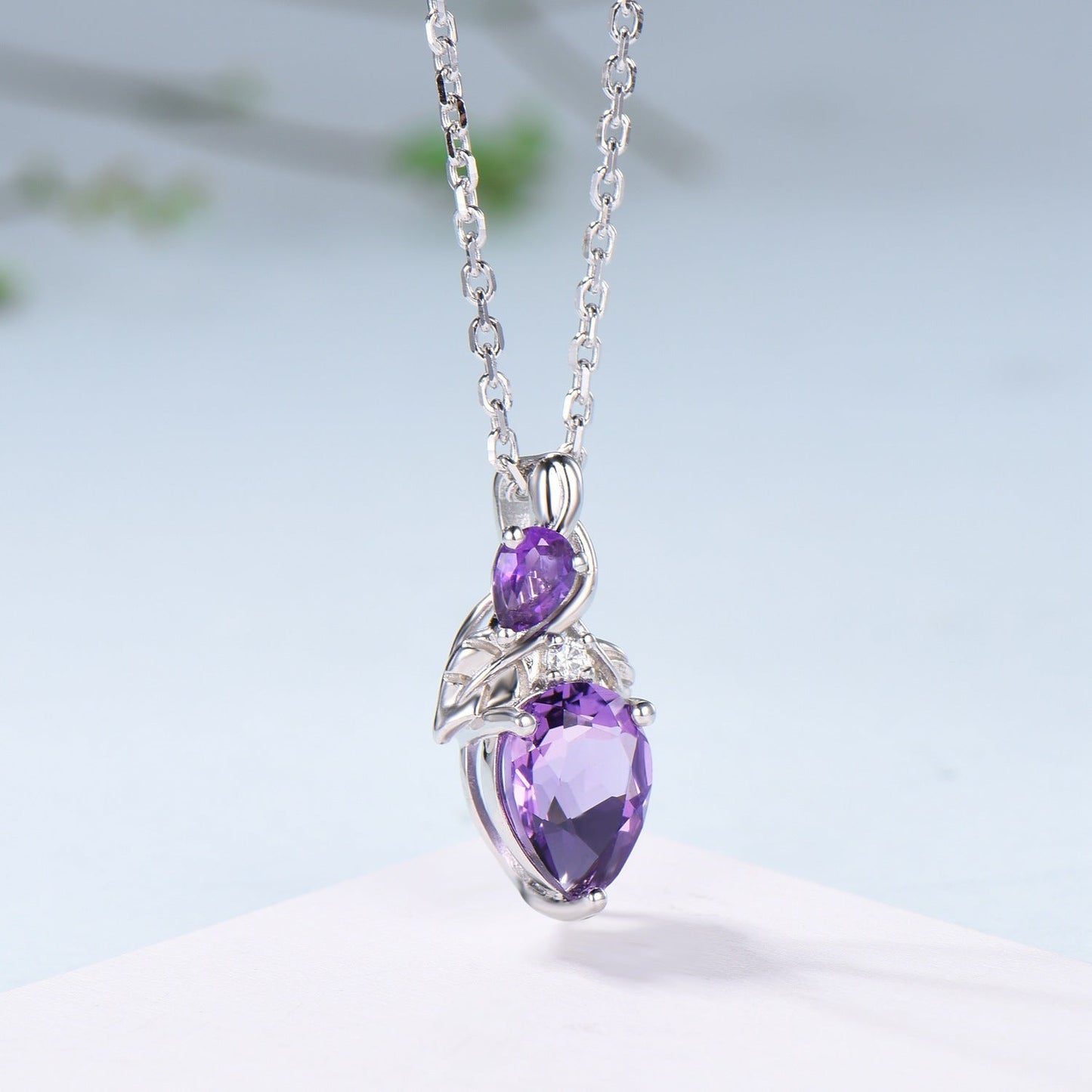 Unique Pear Shaped Purple Sapphire Pendant Necklace Nature Inspired Leaves Necklace Branch Leaf Vine Necklace Anniversary gift for Daughter