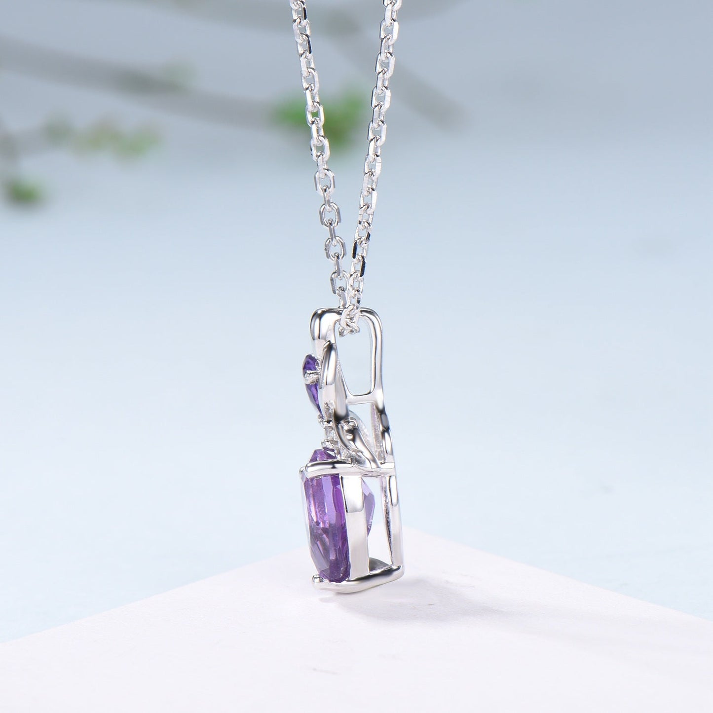 Unique Pear Shaped Purple Sapphire Pendant Necklace Nature Inspired Leaves Necklace Branch Leaf Vine Necklace Anniversary gift for Daughter
