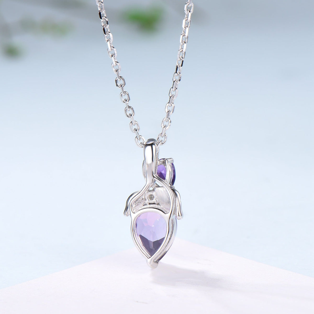 Unique Pear Shaped Purple Sapphire Pendant Necklace Nature Inspired Leaves Necklace Branch Leaf Vine Necklace Anniversary gift for Daughter