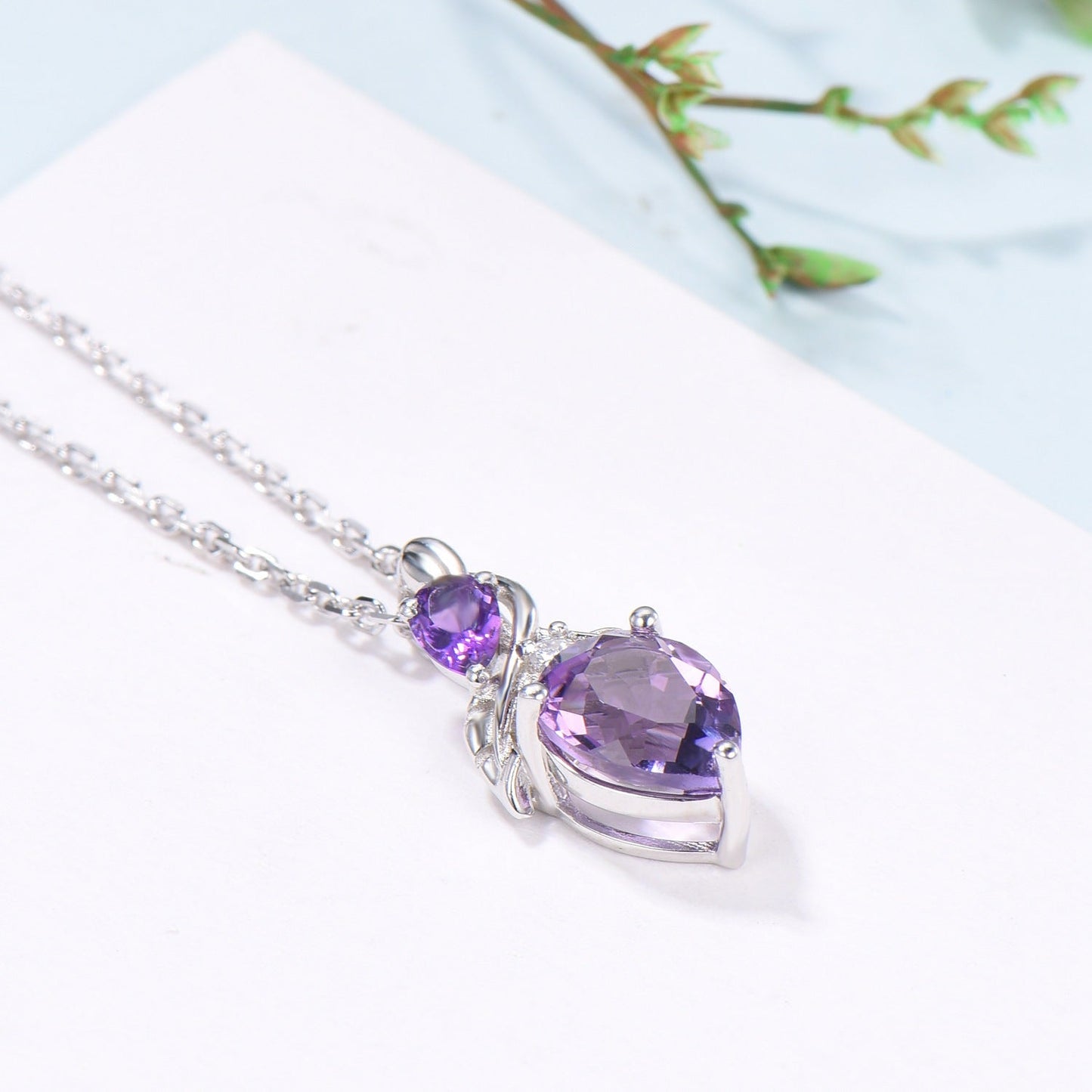 Unique Pear Shaped Purple Sapphire Pendant Necklace Nature Inspired Leaves Necklace Branch Leaf Vine Necklace Anniversary gift for Daughter