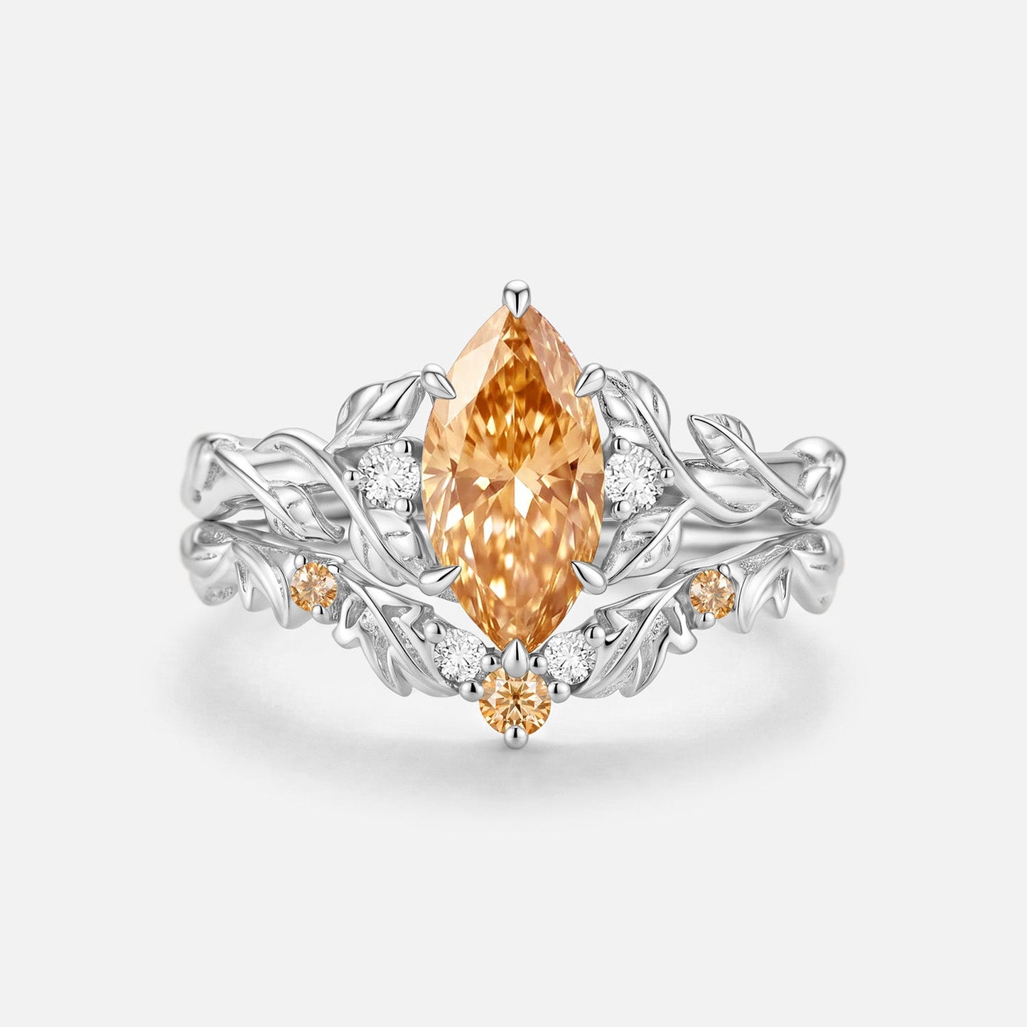 Luminous Reverie - Marquise Champagne Moissanite Leaf Dainty Engagement Ring Sets 2pcs - Linnea