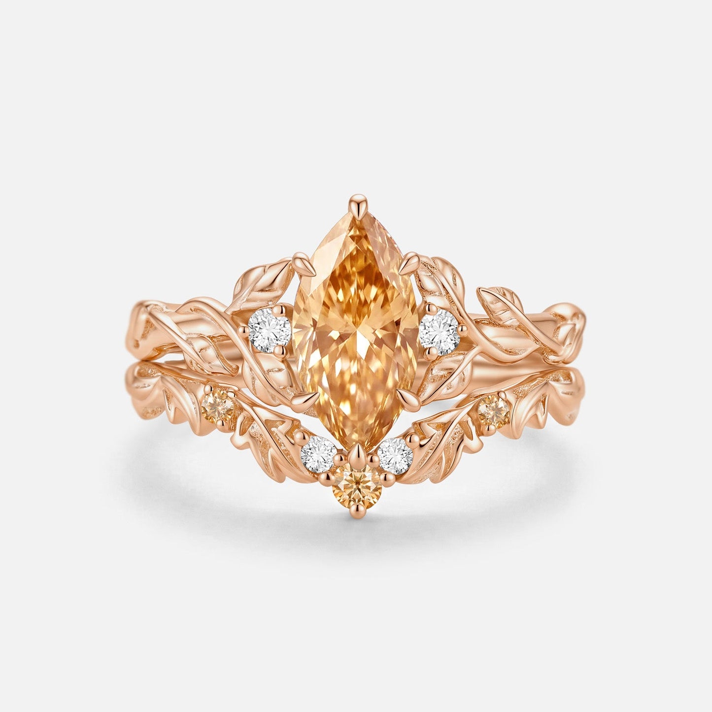 Luminous Reverie - Marquise Champagne Moissanite Leaf Dainty Engagement Ring Sets 2pcs - Linnea