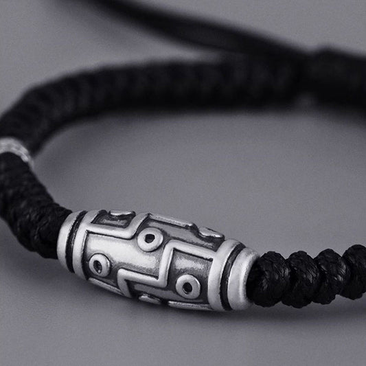 Fortune Jewel 999 Sterling Silver Nine-Eye Dzi Bead Pattern Blessing Rope Bracelet