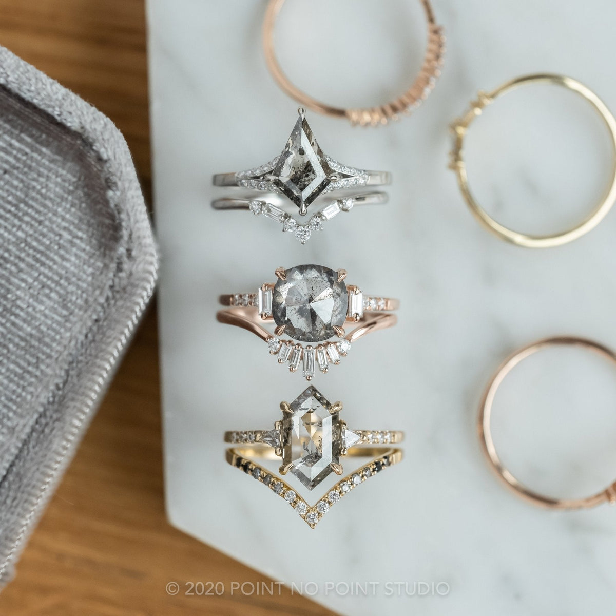1.64 Carat Salt and Pepper Hexagon Diamond Engagement Ring, Eliza Setting