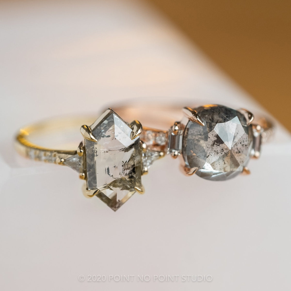 1.64 Carat Salt and Pepper Hexagon Diamond Engagement Ring, Eliza Setting