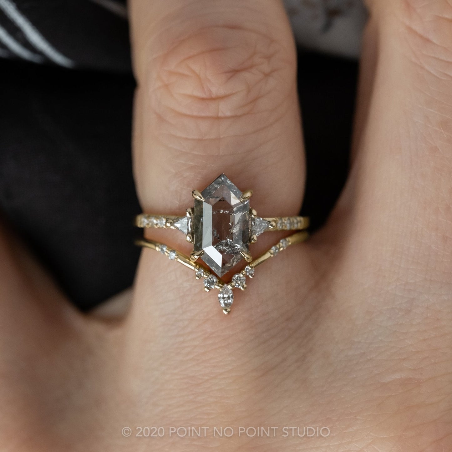 1.64 Carat Salt and Pepper Hexagon Diamond Engagement Ring, Eliza Setting