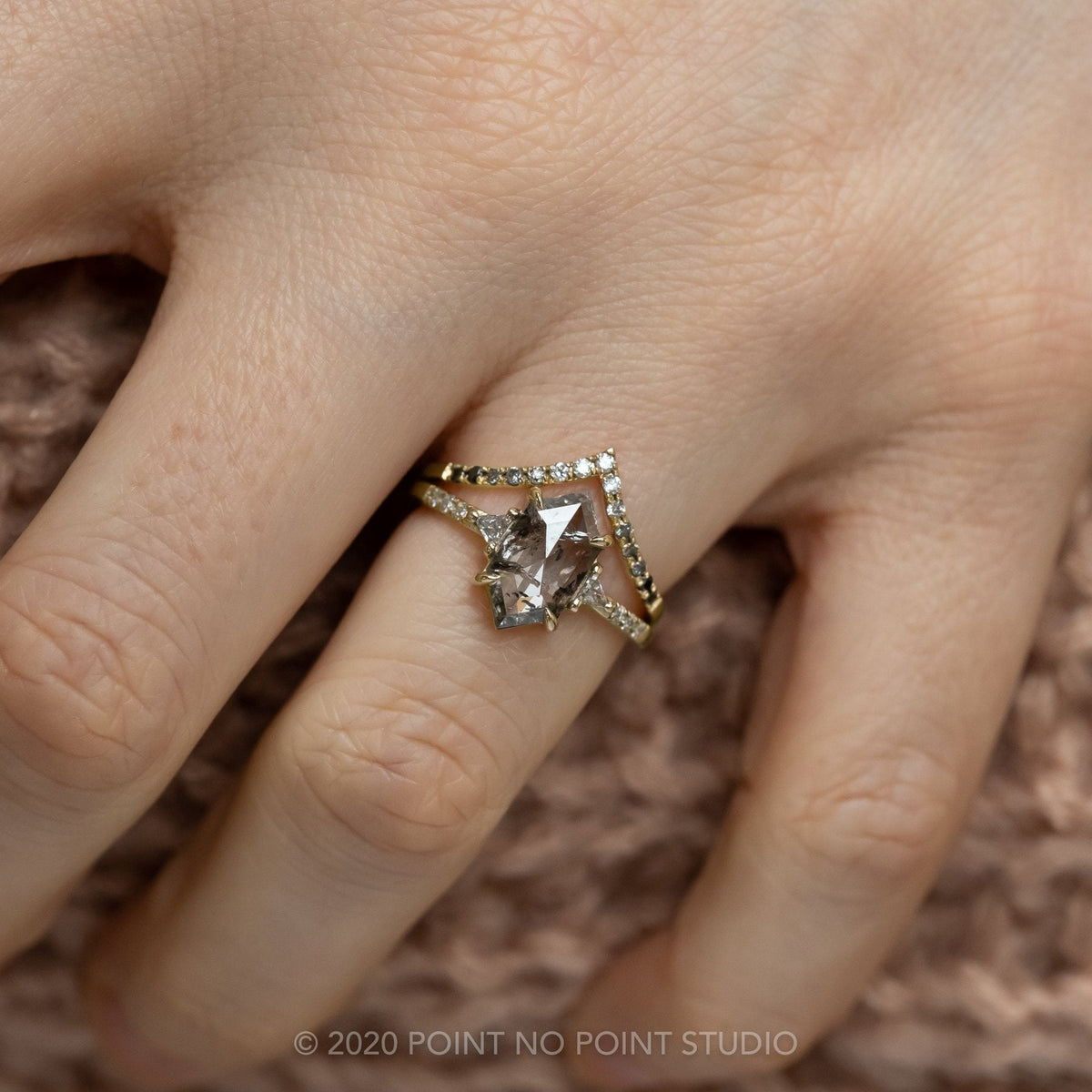 1.64 Carat Salt and Pepper Hexagon Diamond Engagement Ring, Eliza Setting