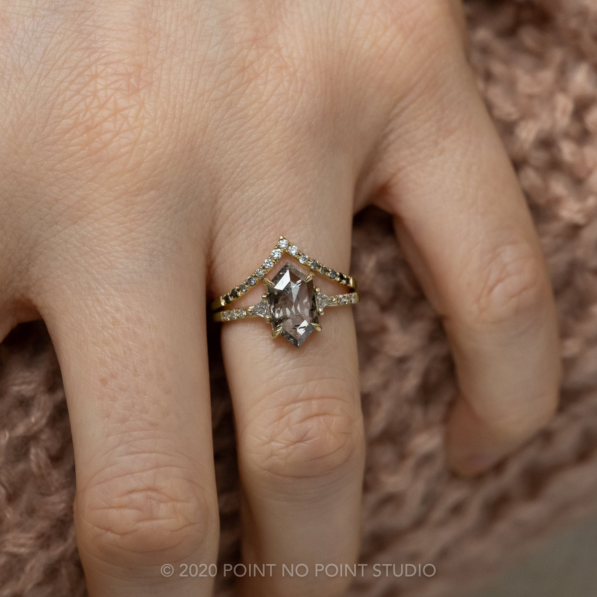 1.64 Carat Salt and Pepper Hexagon Diamond Engagement Ring, Eliza Setting