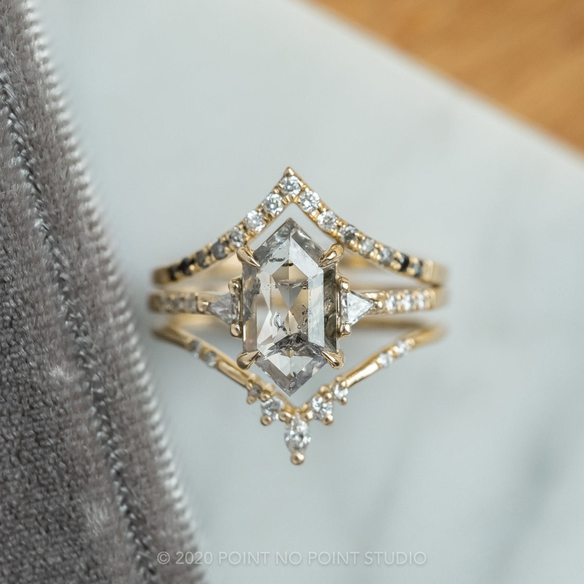 1.64 Carat Salt and Pepper Hexagon Diamond Engagement Ring, Eliza Setting
