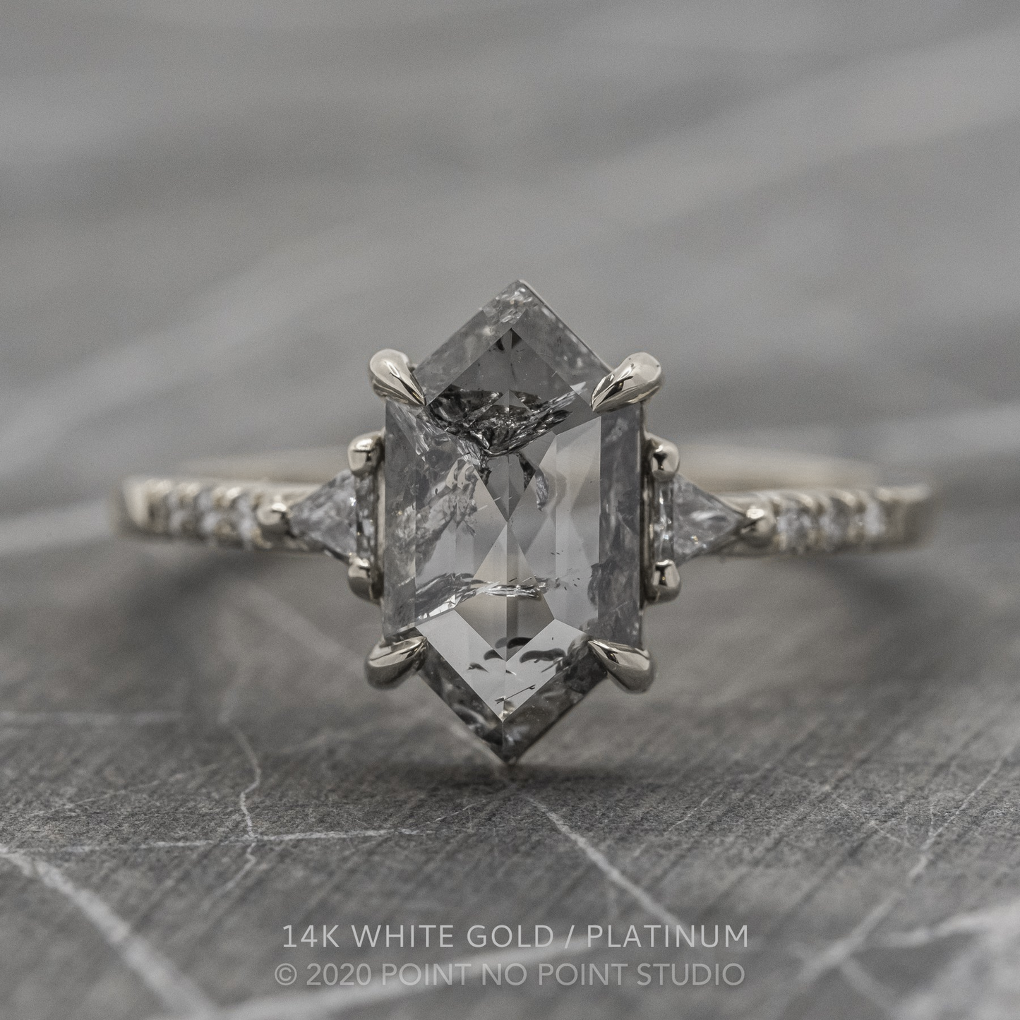 1.64 Carat Salt and Pepper Hexagon Diamond Engagement Ring, Eliza Setting