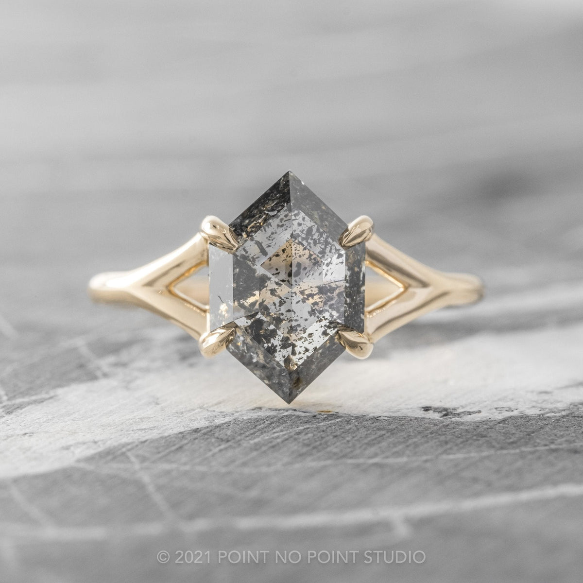 1.84 Carat Black Salt and Pepper Diamond Engagement Ring, Split Shank Jane Setting