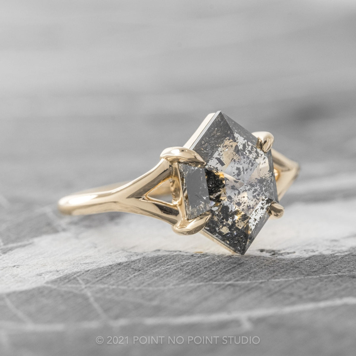 1.84 Carat Black Salt and Pepper Diamond Engagement Ring, Split Shank Jane Setting