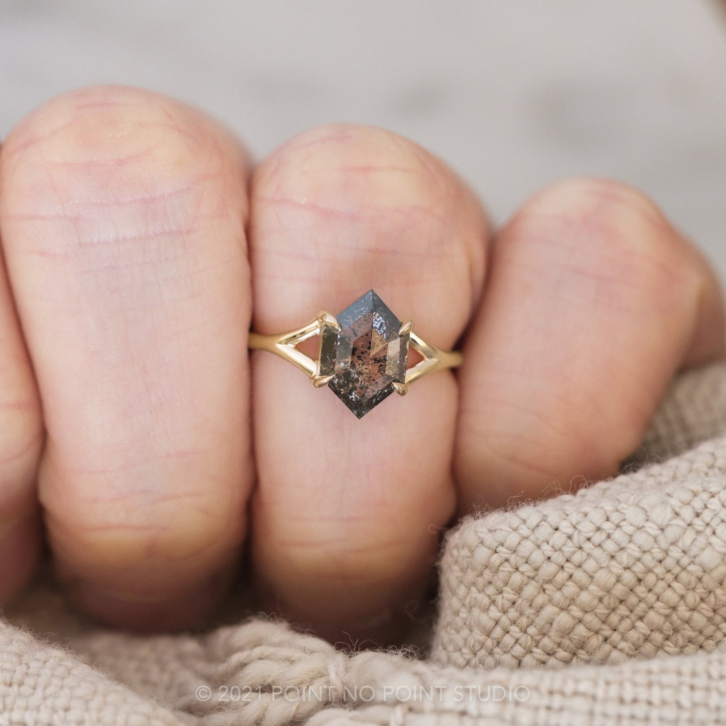 1.84 Carat Black Salt and Pepper Diamond Engagement Ring, Split Shank Jane Setting