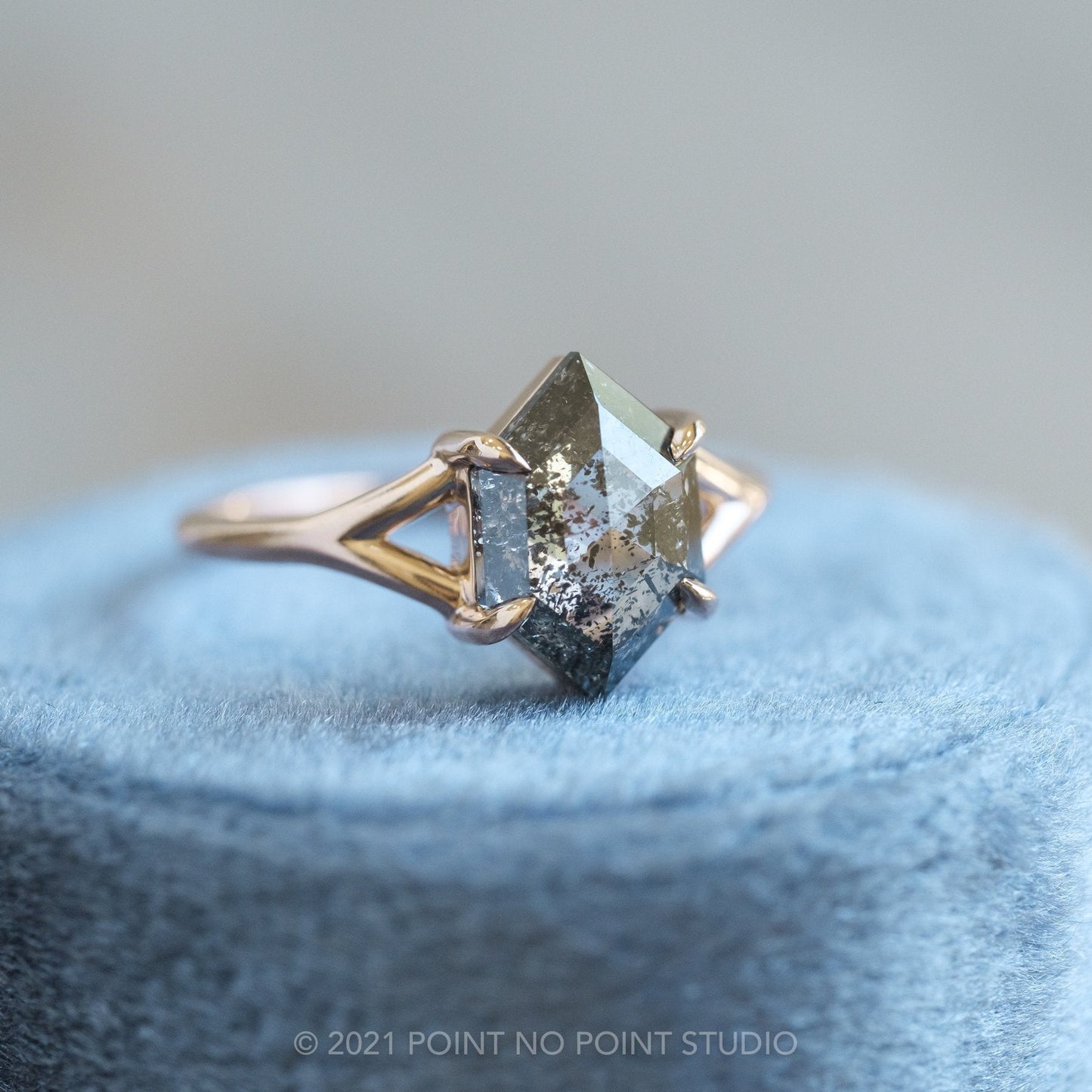 1.84 Carat Black Salt and Pepper Diamond Engagement Ring, Split Shank Jane Setting