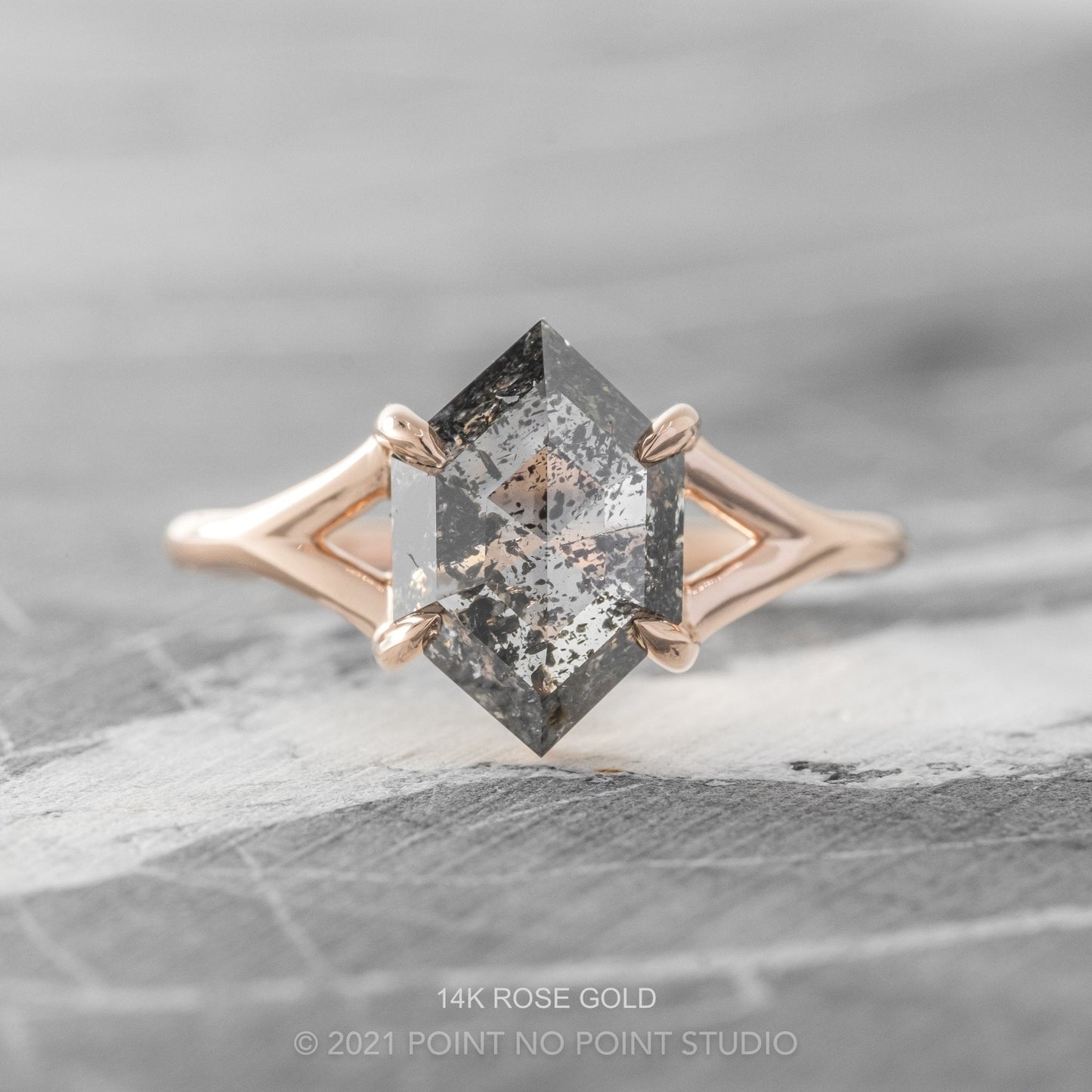 1.84 Carat Black Salt and Pepper Diamond Engagement Ring, Split Shank Jane Setting