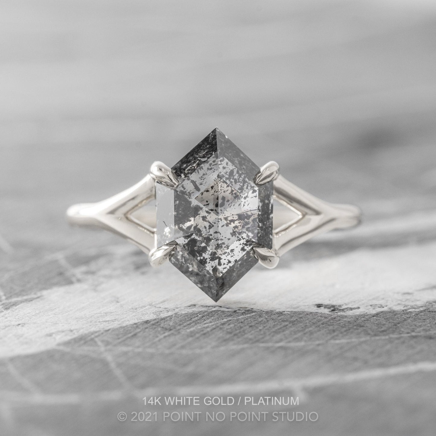 1.84 Carat Black Salt and Pepper Diamond Engagement Ring, Split Shank Jane Setting