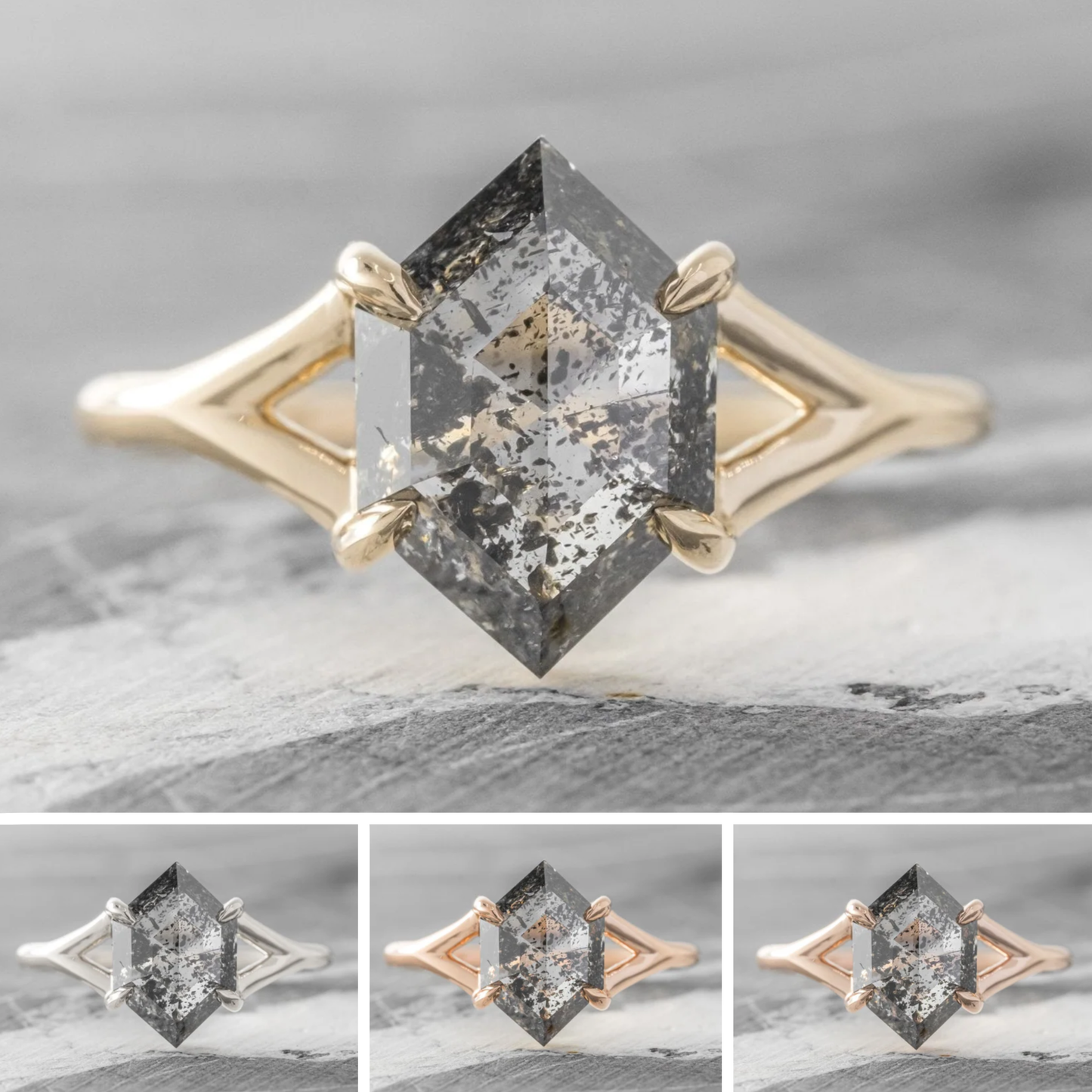 1.84 Carat Black Salt and Pepper Diamond Engagement Ring, Split Shank Jane Setting