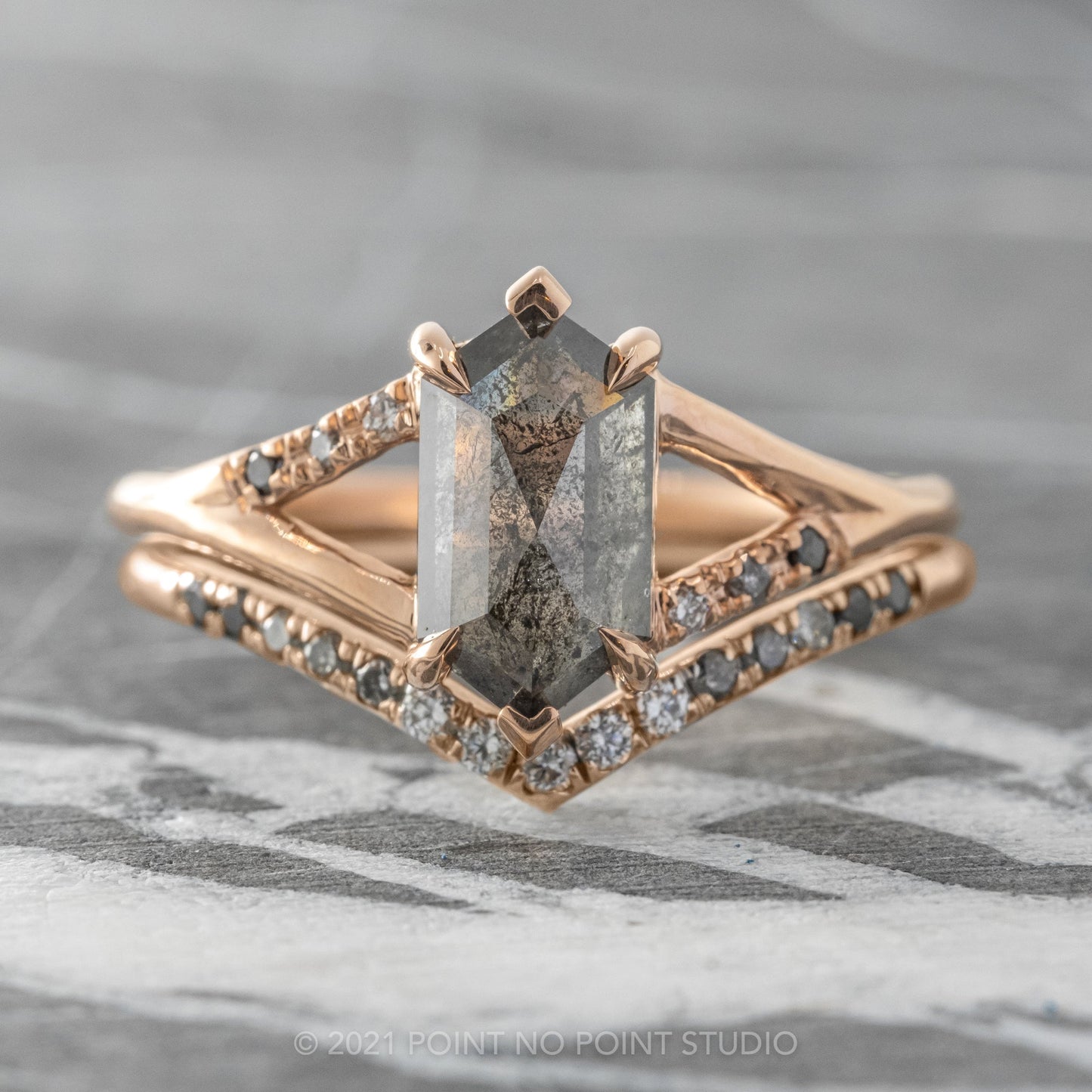 1.75 Carat Black Salt and Pepper Hexagon Diamond Engagement Ring, Ombre Sirena Setting