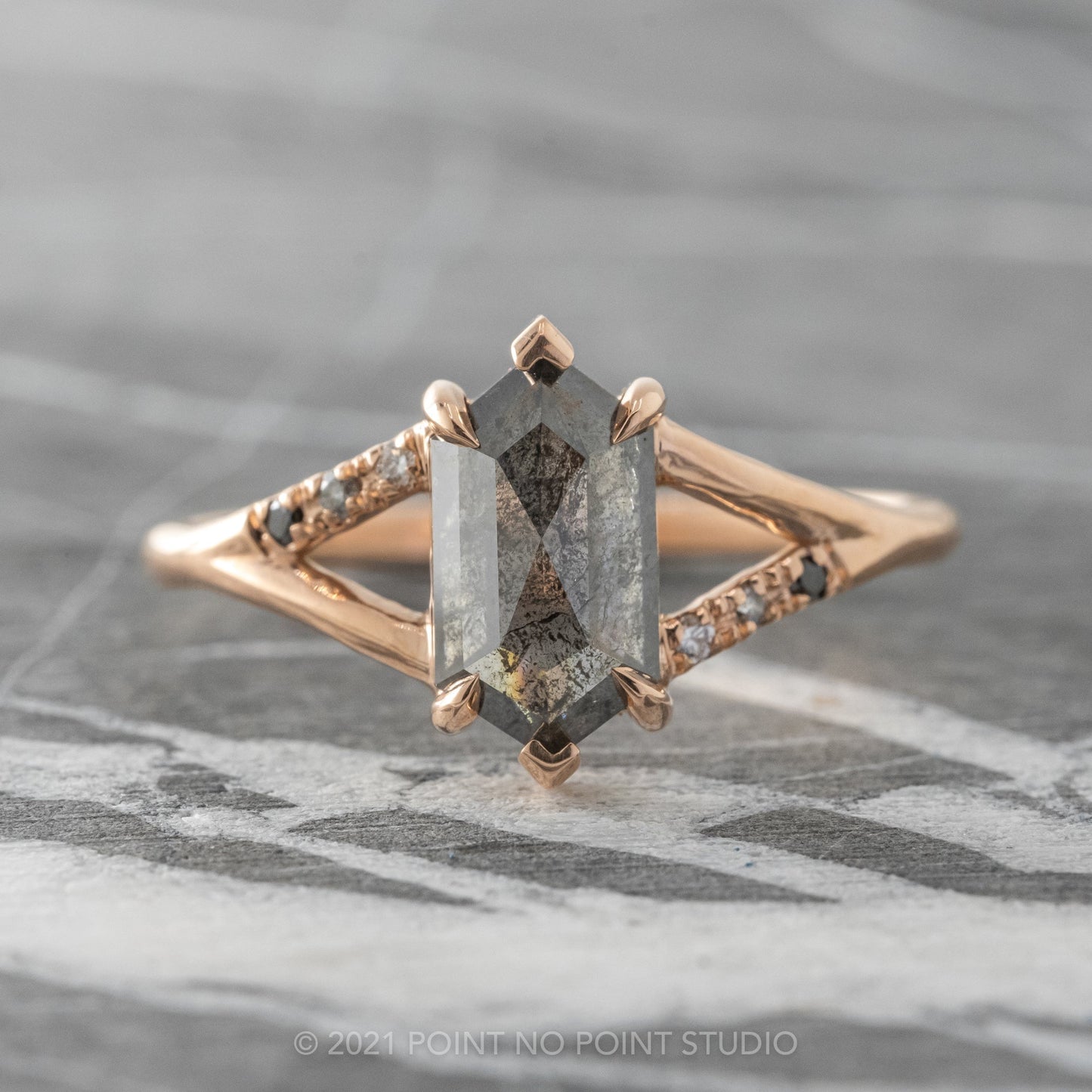 1.75 Carat Black Salt and Pepper Hexagon Diamond Engagement Ring, Ombre Sirena Setting
