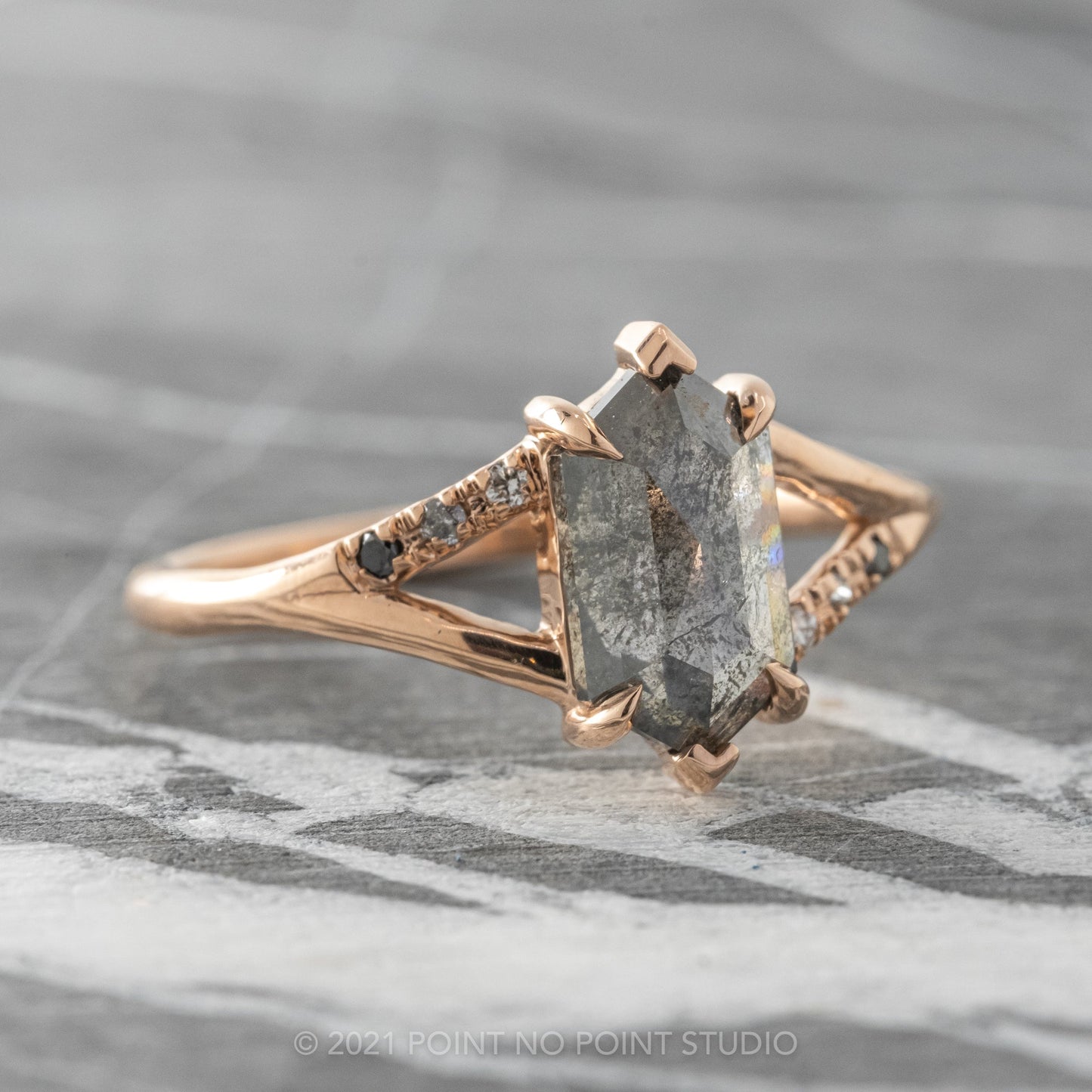 1.75 Carat Black Salt and Pepper Hexagon Diamond Engagement Ring, Ombre Sirena Setting
