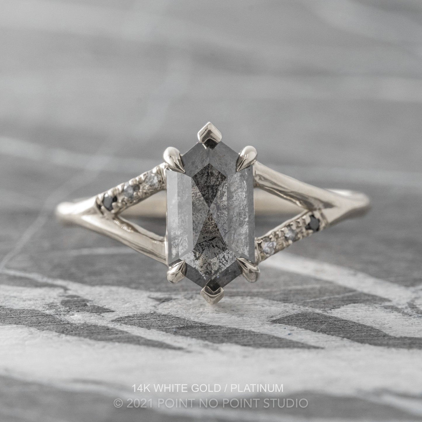 1.75 Carat Black Salt and Pepper Hexagon Diamond Engagement Ring, Ombre Sirena Setting