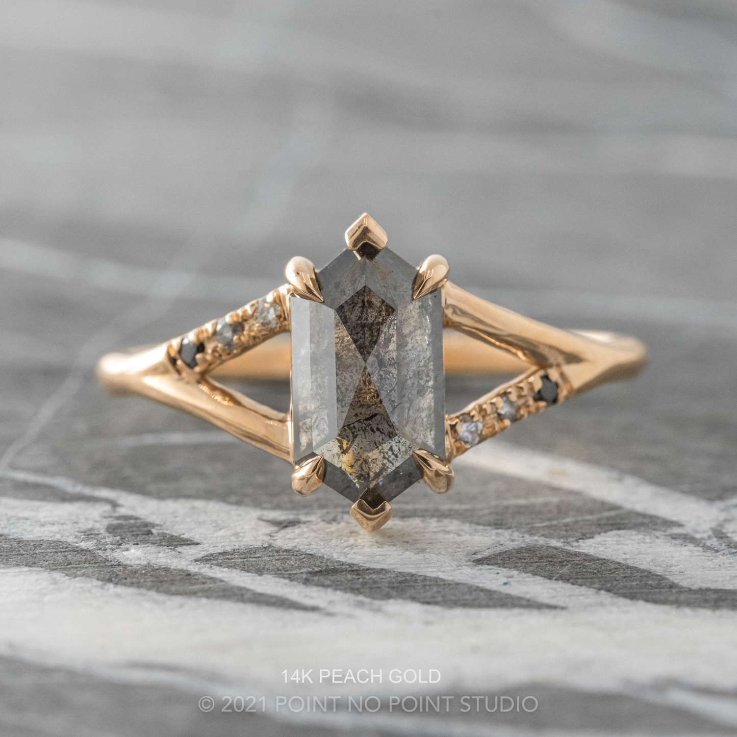 1.75 Carat Black Salt and Pepper Hexagon Diamond Engagement Ring, Ombre Sirena Setting