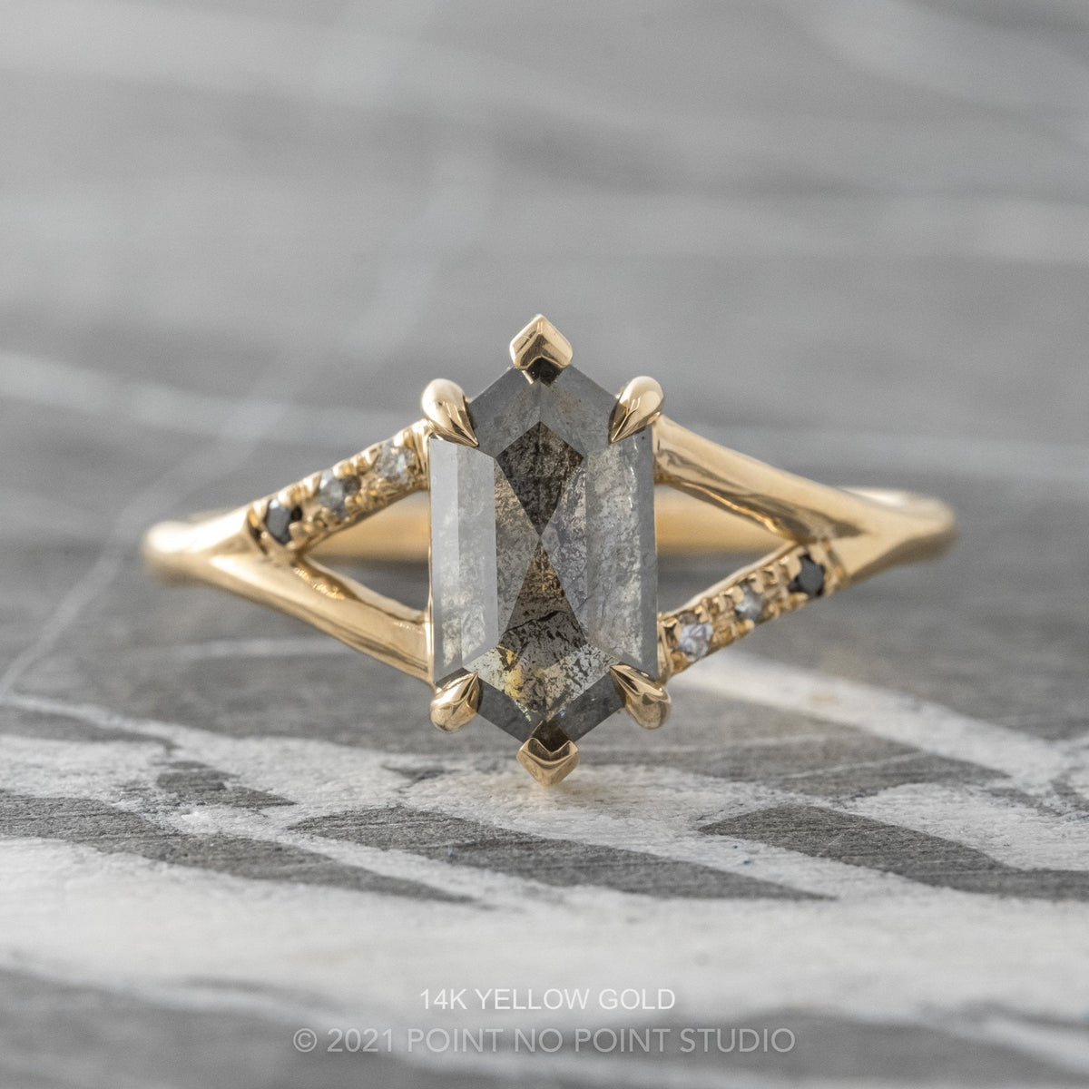 1.75 Carat Black Salt and Pepper Hexagon Diamond Engagement Ring, Ombre Sirena Setting