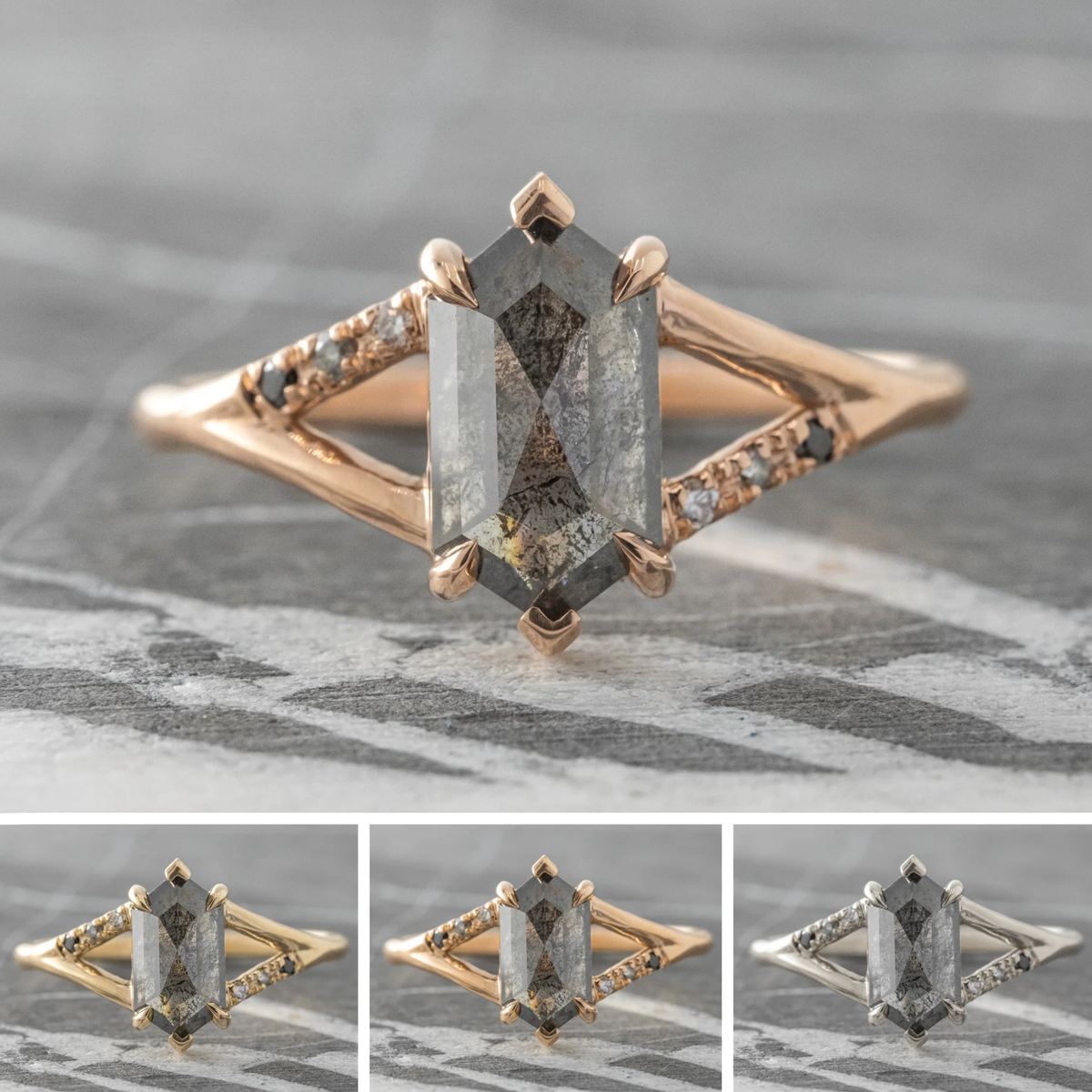 1.75 Carat Black Salt and Pepper Hexagon Diamond Engagement Ring, Ombre Sirena Setting