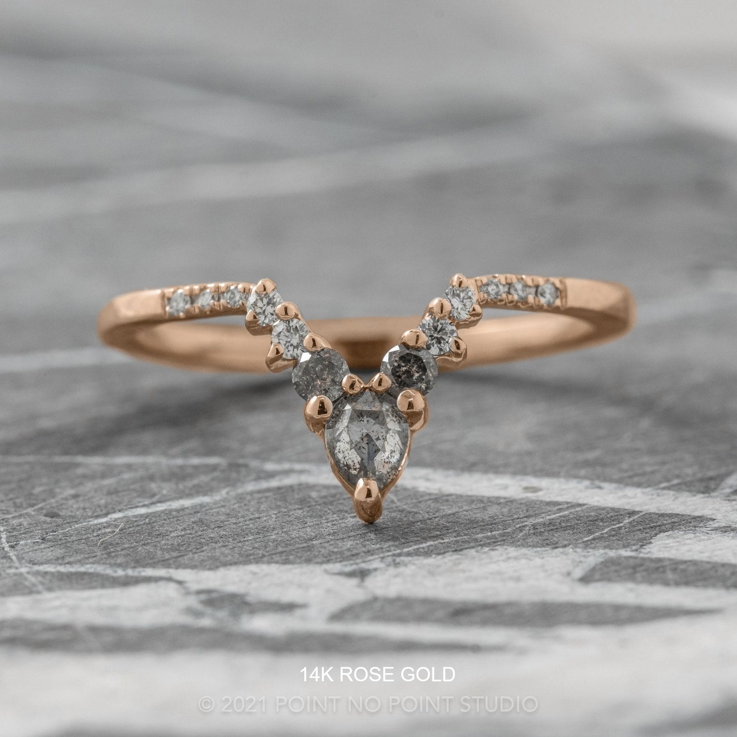Cassiopeia Wedding Ring, 13 Salt and Pepper Pear and Round Diamonds