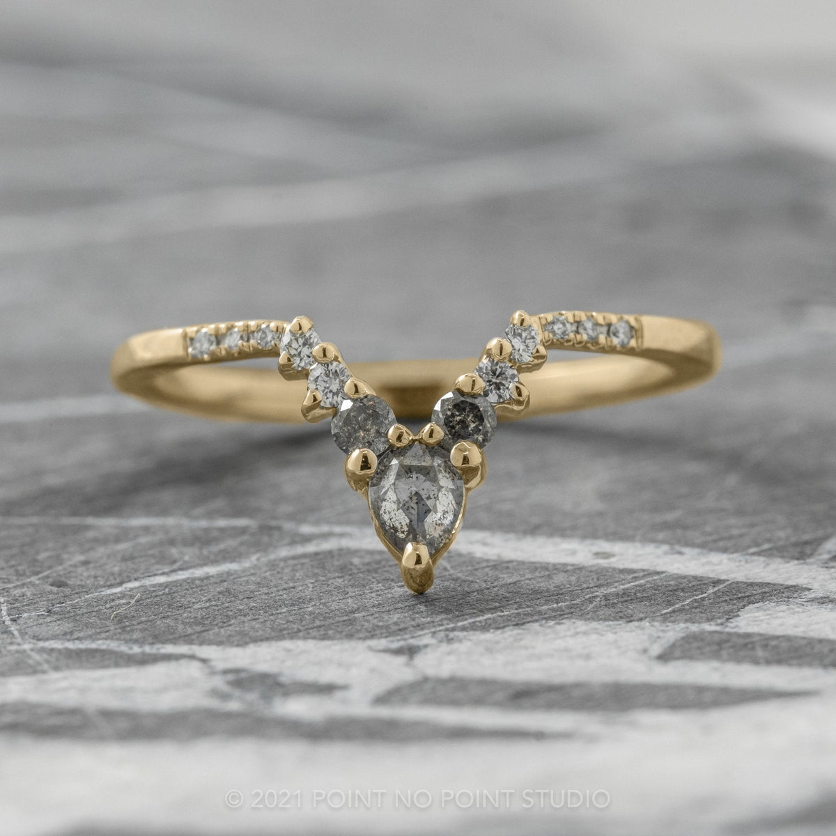 Cassiopeia Wedding Ring, 13 Salt and Pepper Pear and Round Diamonds