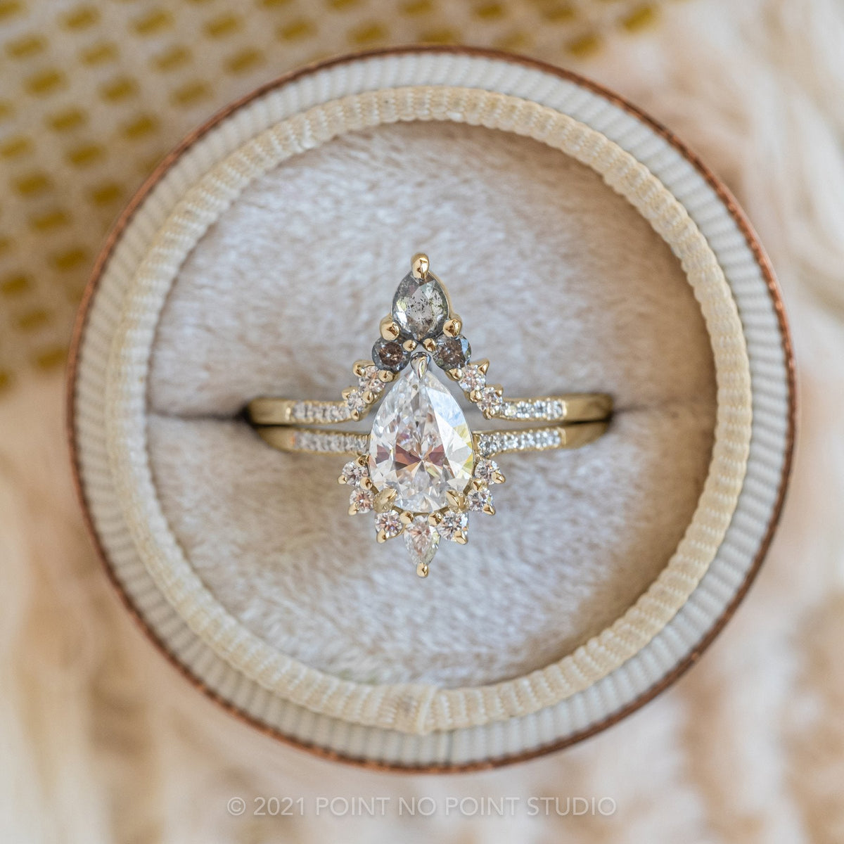 Cassiopeia Wedding Ring, 13 Salt and Pepper Pear and Round Diamonds