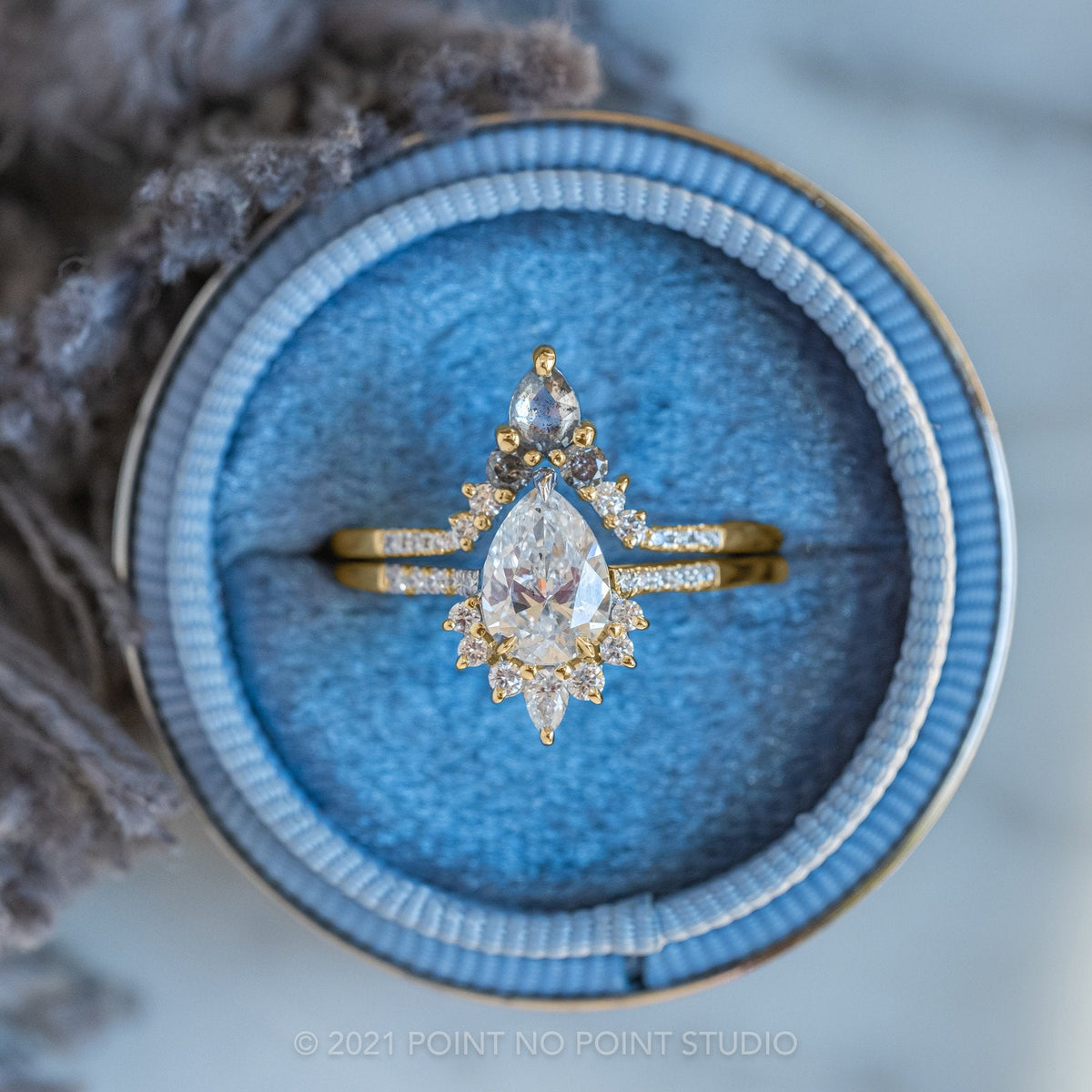 Cassiopeia Wedding Ring, 13 Salt and Pepper Pear and Round Diamonds