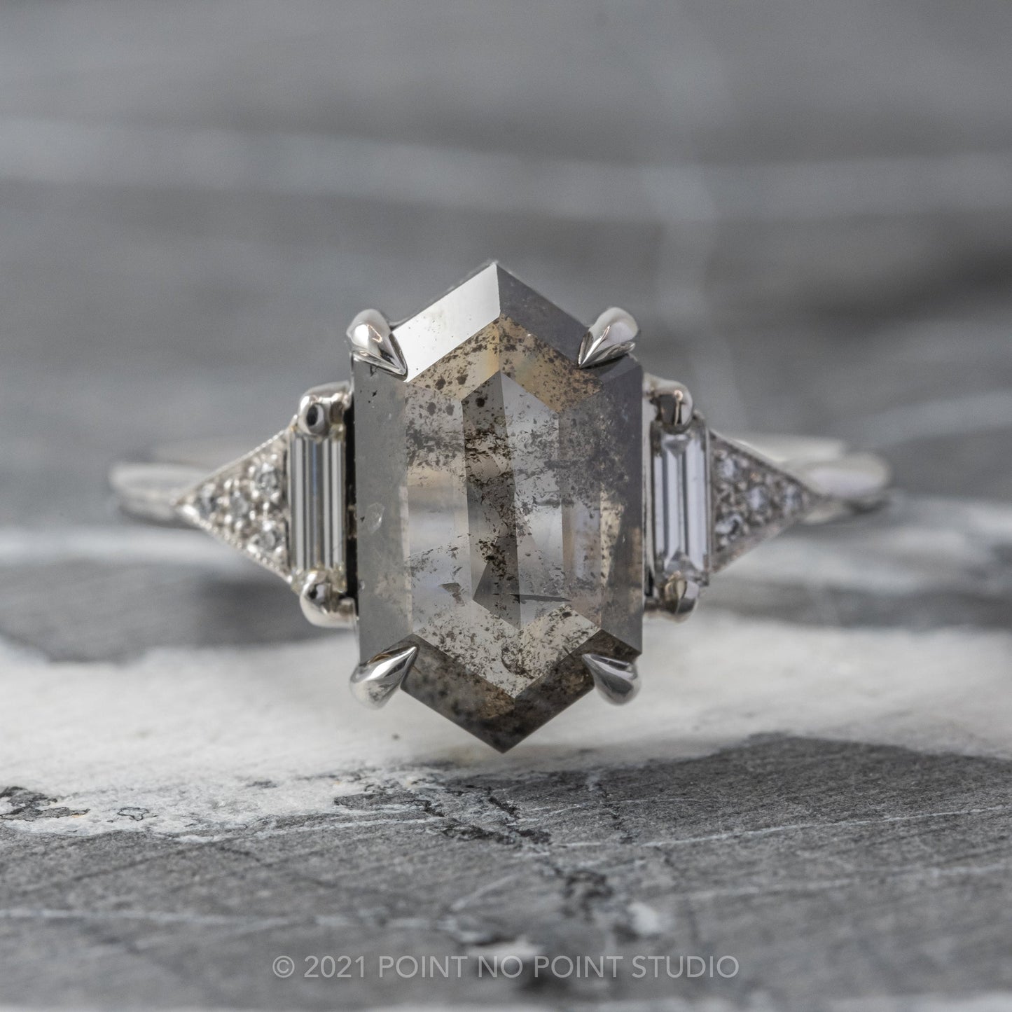 2.51 Carat Salt and Pepper Hexagon Diamond Engagement Ring, Azalea Setting, 14K White Gold