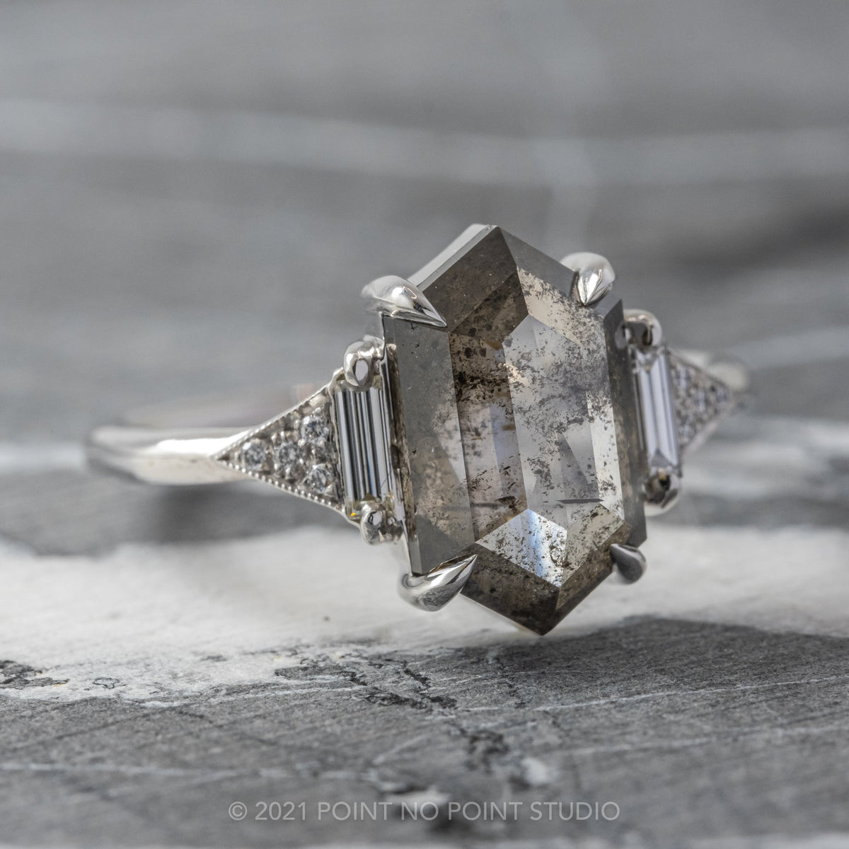 2.51 Carat Salt and Pepper Hexagon Diamond Engagement Ring, Azalea Setting, 14K White Gold