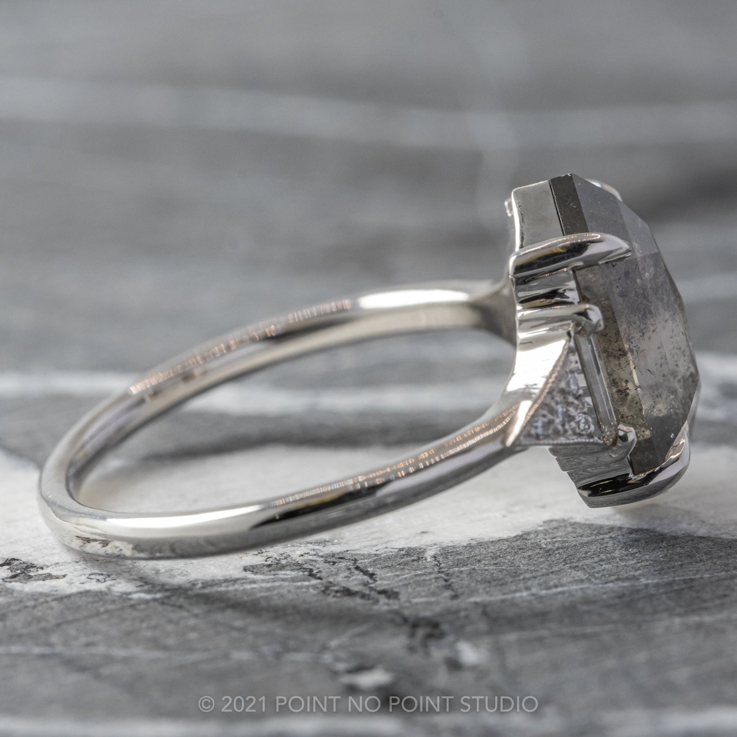 2.51 Carat Salt and Pepper Hexagon Diamond Engagement Ring, Azalea Setting, 14K White Gold