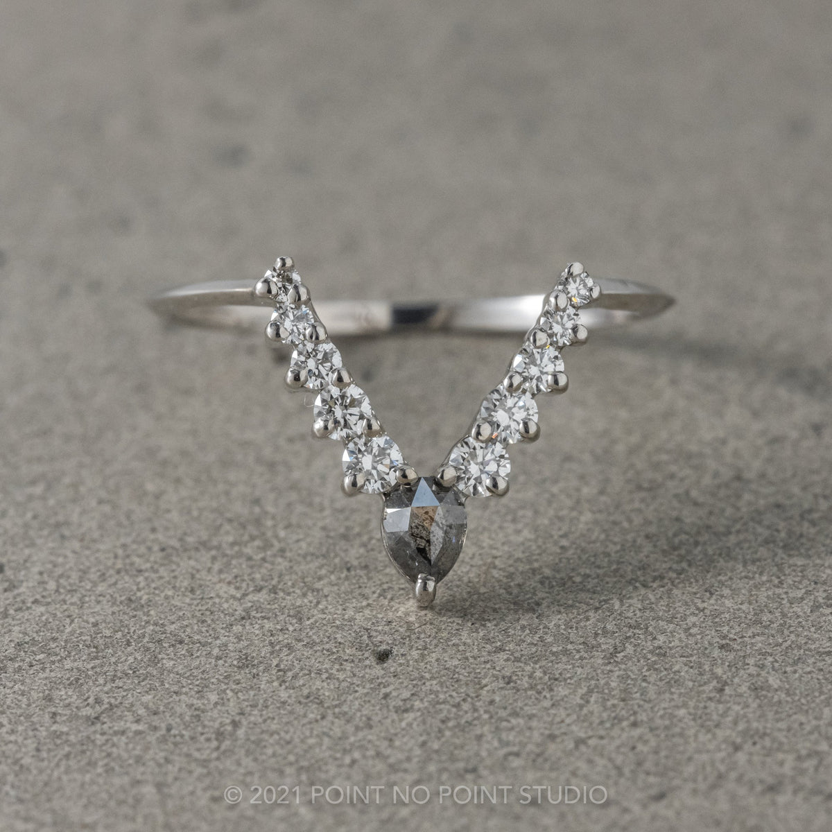 Cassie Wedding Ring, Salt and Pepper Pear, 11 Diamond, Knife Edge Band