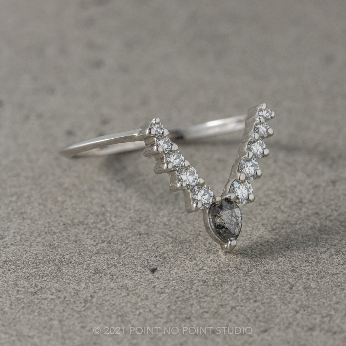 Cassie Wedding Ring, Salt and Pepper Pear, 11 Diamond, Knife Edge Band