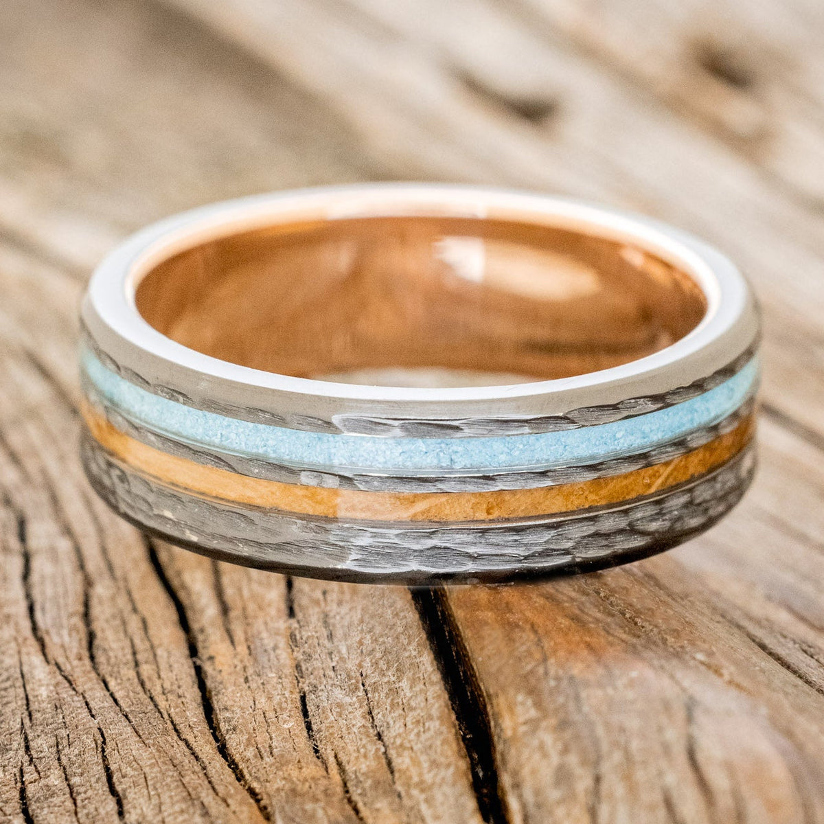 "Cosmo" - Whiskey Barrel Oak & Turquoise Wedding Ring Featuring A Hammered Band With A 14K Gold Lining