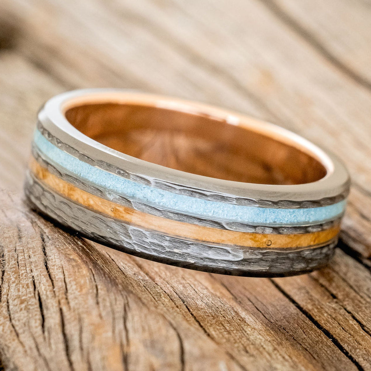 "Cosmo" - Whiskey Barrel Oak & Turquoise Wedding Ring Featuring A Hammered Band With A 14K Gold Lining