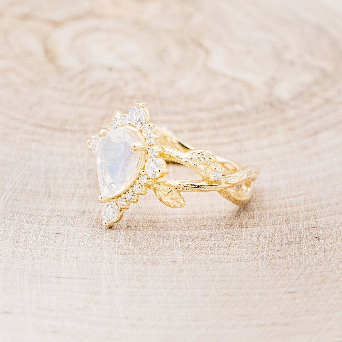 "Artemis On The Vine Divine" - Moonstone Engagement Ring With Diamond Accents & A Branch-Style Band