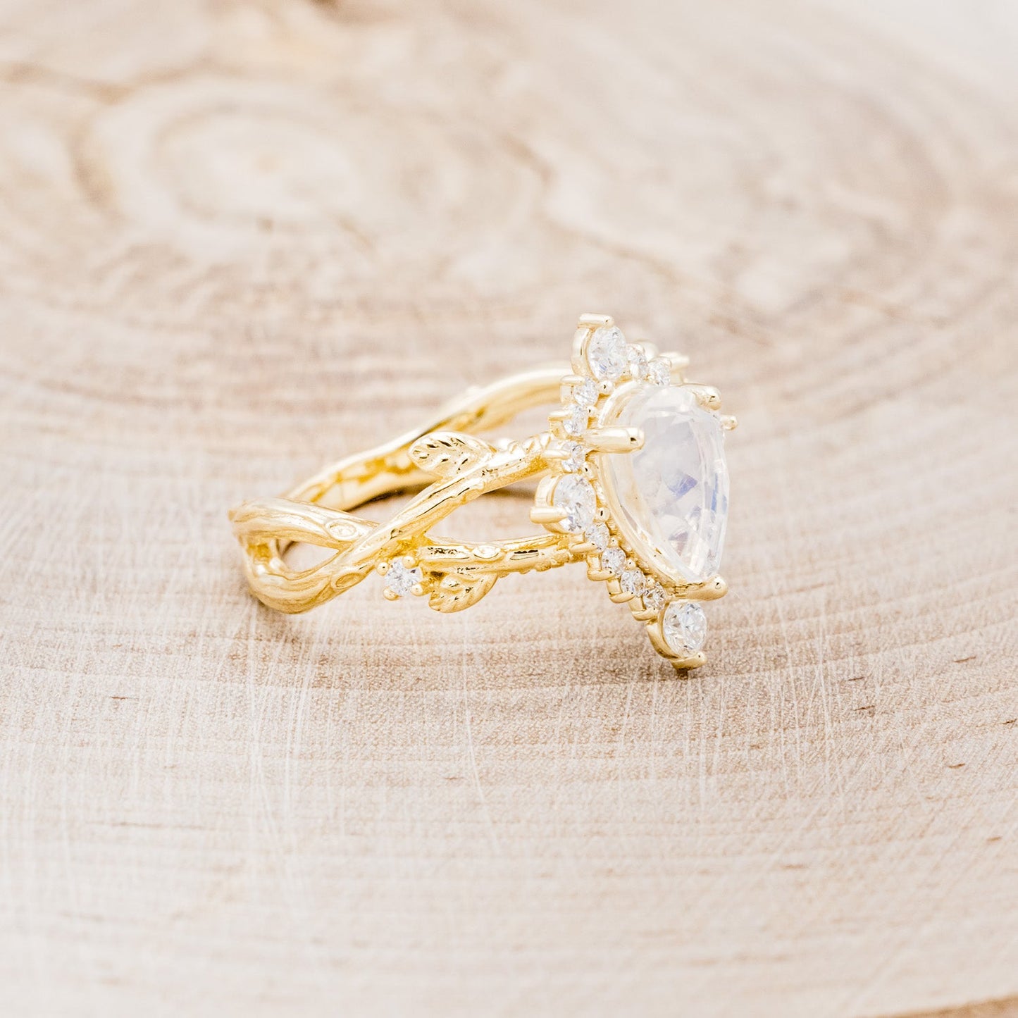 "Artemis On The Vine Divine" - Moonstone Engagement Ring With Diamond Accents & A Branch-Style Band
