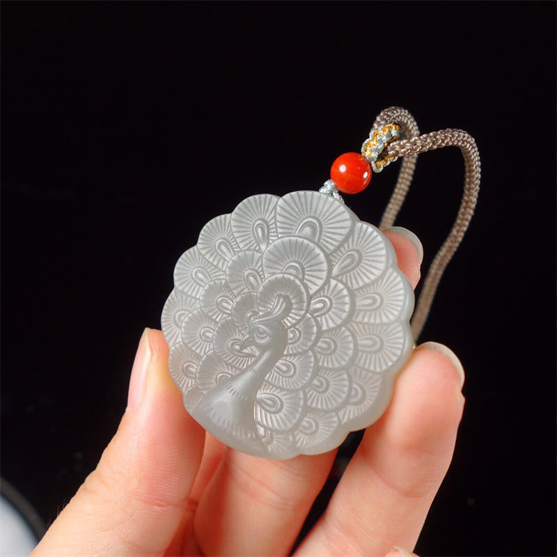 Fortune Jewel White Jade Peacock Protection Blessing Necklace Pendant