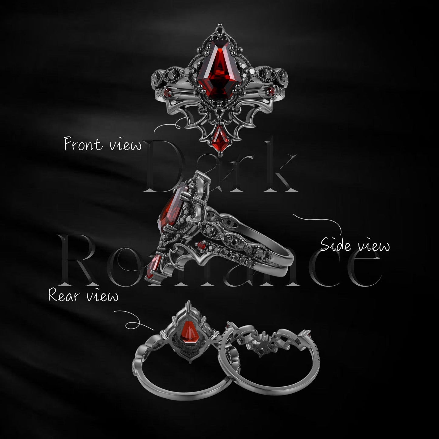 'Dark Romance' - Gothic Coffin Cut Garnet Engagement Ring Set with Bat Wings in Black Gold - Bat Ring